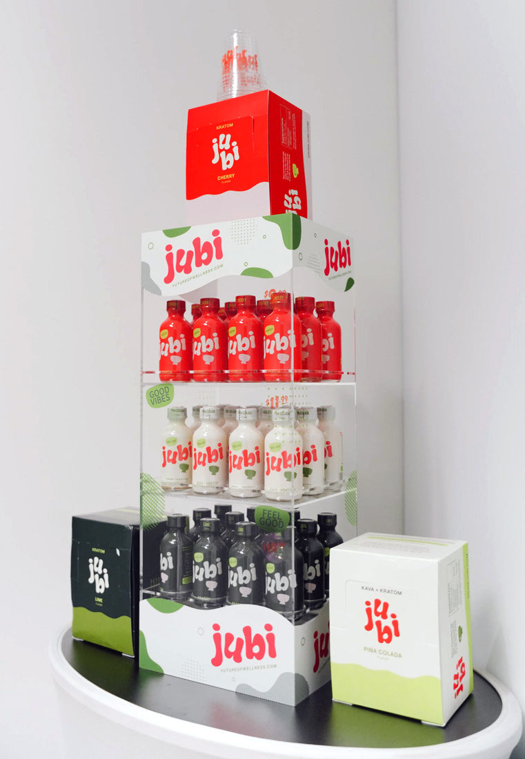 Jubi product display with certification logos below.